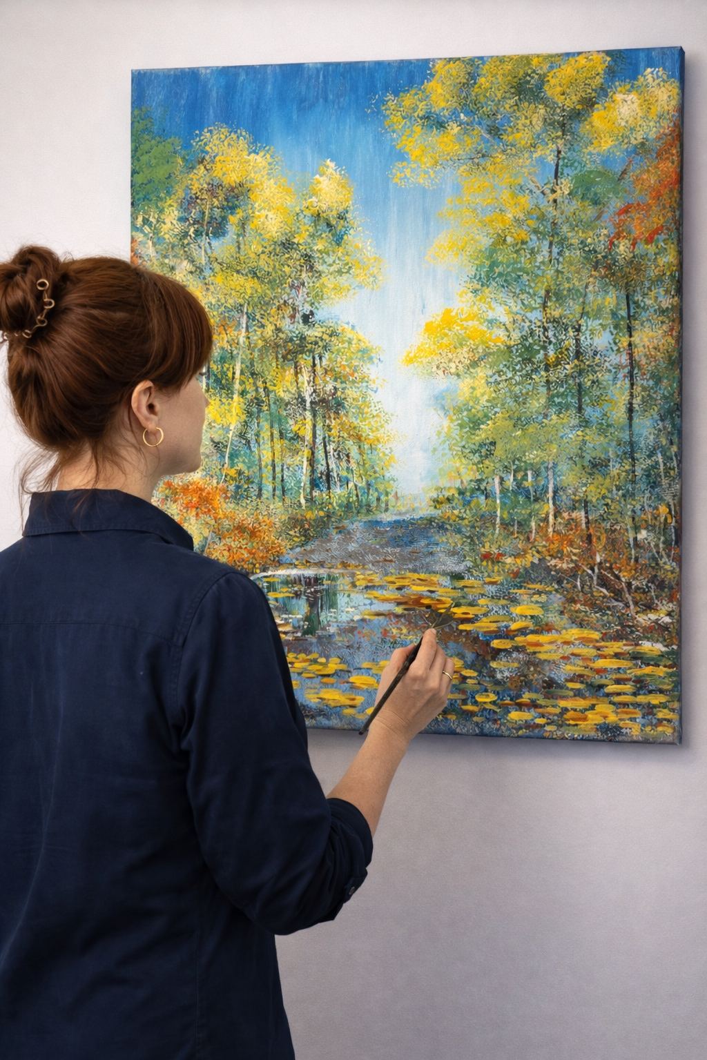Artist Vlady Zinkovska painting autumn landscape in Calgary studio