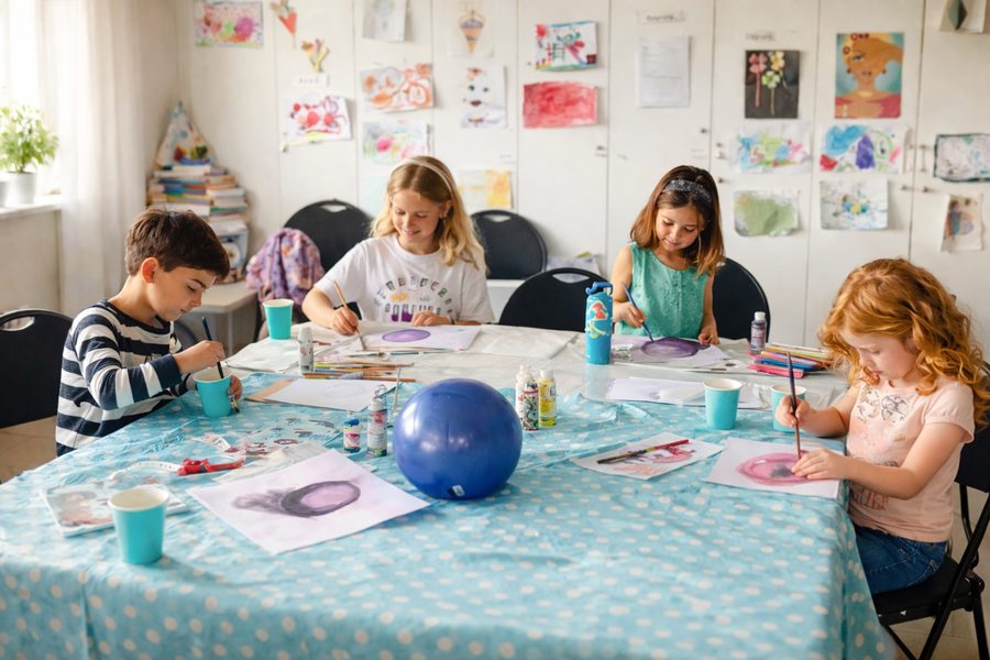 Kids art class in Calgary — children painting together at table