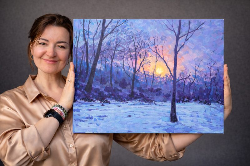 Winter Sunset — oil painting of snowy forest at sunset